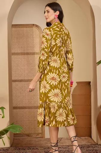 women's floral printed  mustard puff sleeve a-line  viscose midi dress