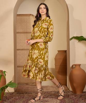 women's floral printed  mustard puff sleeve a-line  viscose midi dress 4