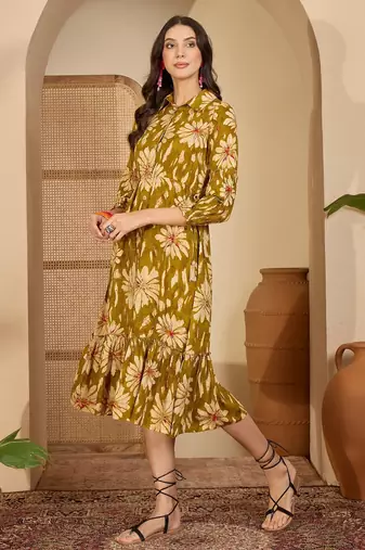 women's floral printed  mustard puff sleeve a-line  viscose midi dress