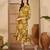 women's floral printed  mustard puff sleeve a-line  viscose midi dress