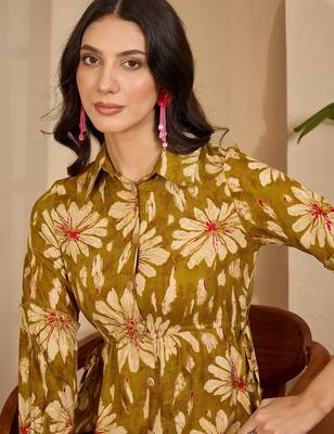 women's floral printed  mustard puff sleeve a-line  viscose midi dress 5