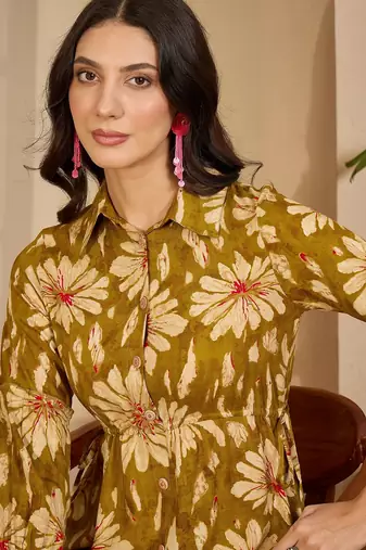 women's floral printed  mustard puff sleeve a-line  viscose midi dress
