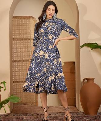 women's floral printed blue puff sleeve a-line  cotton blend midi dress 1