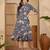 women's floral printed blue puff sleeve a-line  cotton blend midi dress