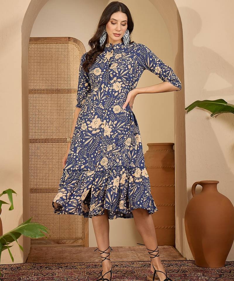 women's floral printed blue puff sleeve a-line  cotton blend midi dress
