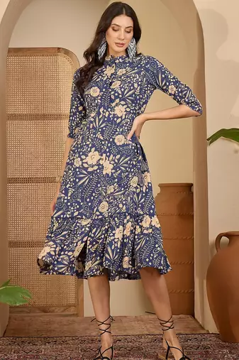 women's floral printed blue puff sleeve a-line  cotton blend midi dress