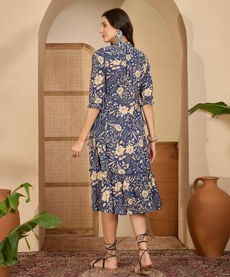 women's floral printed blue puff sleeve a-line  cotton blend midi dress 3