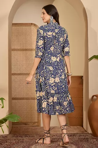 women's floral printed blue puff sleeve a-line  cotton blend midi dress
