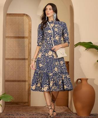 women's floral printed blue puff sleeve a-line  cotton blend midi dress 4