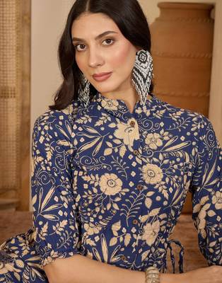 women's floral printed blue puff sleeve a-line  cotton blend midi dress 5