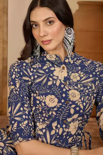 women's floral printed blue puff sleeve a-line  cotton blend midi dress