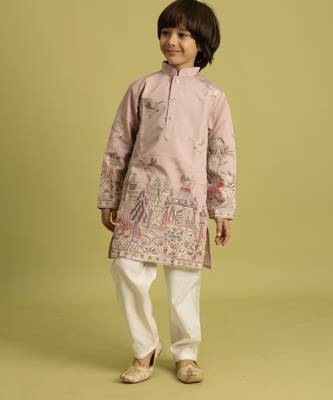 peach viscose silk thread embroidered boys kurta pajama 6