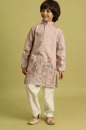 peach viscose silk thread embroidered boys kurta pajama