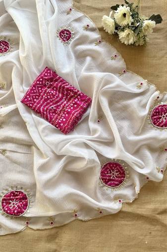 White Colour Crush Georgette Chiffon Saree With Bandej muslin Blouse