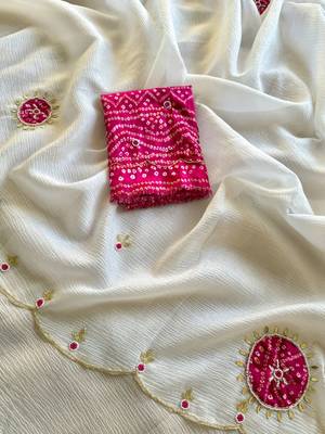 White Colour Crush Georgette Chiffon Saree With Bandej muslin Blouse 2