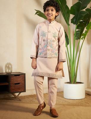 biege viscose silk thread embroidered boys kurta set with jacket 6