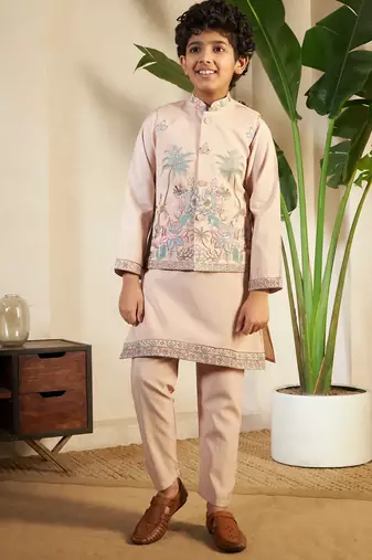 biege viscose silk thread embroidered boys kurta set with jacket