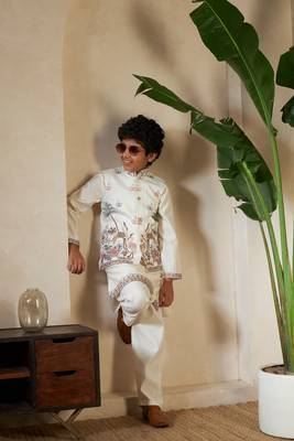 white viscose silk thread embroidered boys kurta set with jacket 6