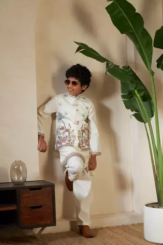 white viscose silk thread embroidered boys kurta set with jacket