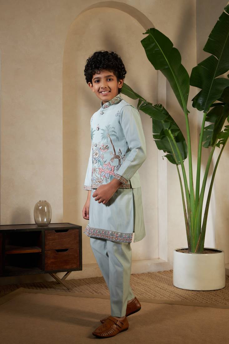 pista green viscose silk thread embroidered boys kurta set with jacket