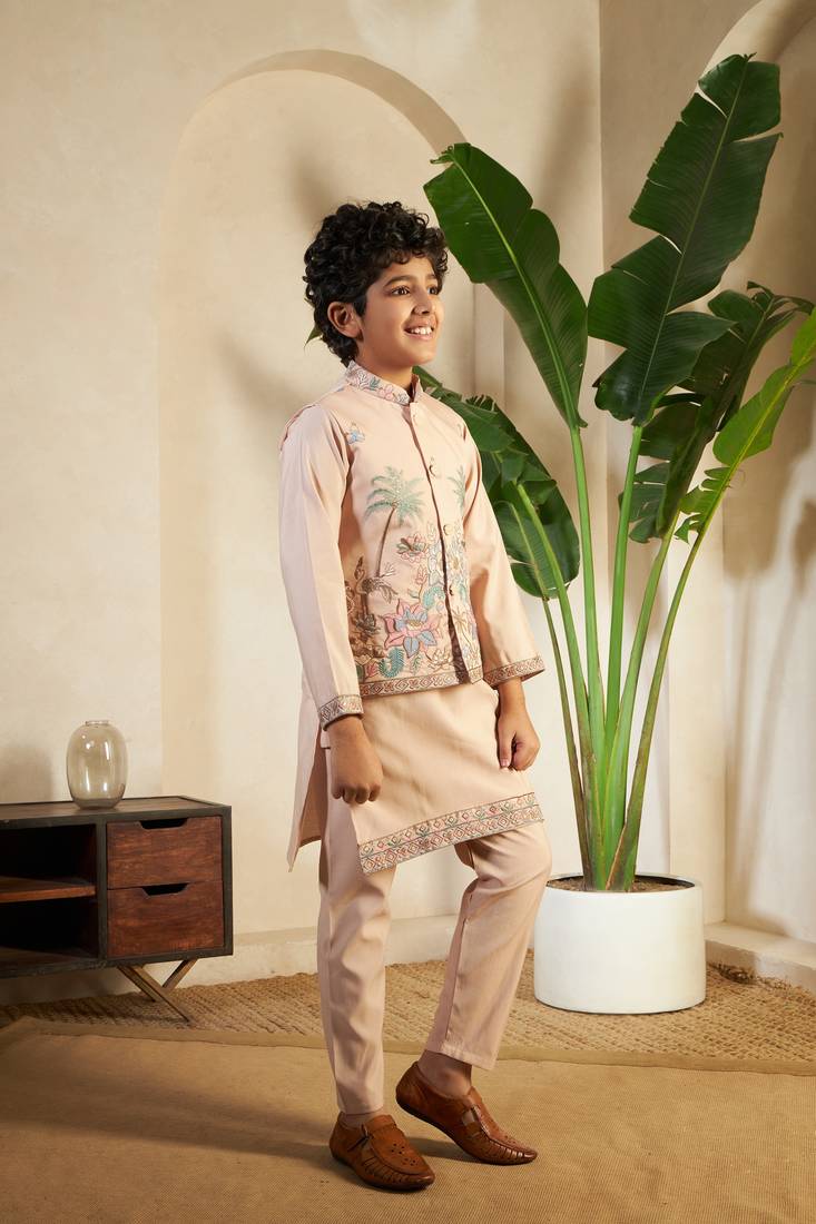 biege viscose silk thread embroidered boys kurta set with jacket