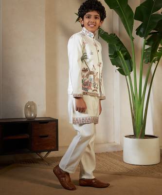 white viscose silk thread embroidered boys kurta set with jacket 7