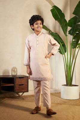 biege viscose silk thread embroidered boys kurta set with jacket 8
