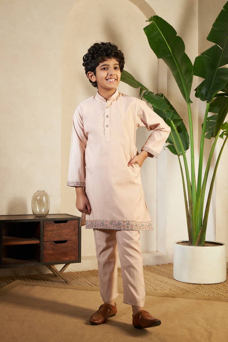 biege viscose silk thread embroidered boys kurta set with jacket