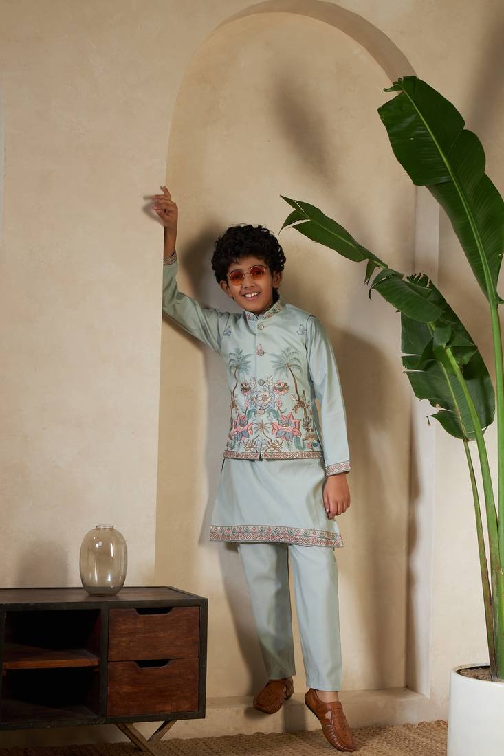 pista green viscose silk thread embroidered boys kurta set with jacket