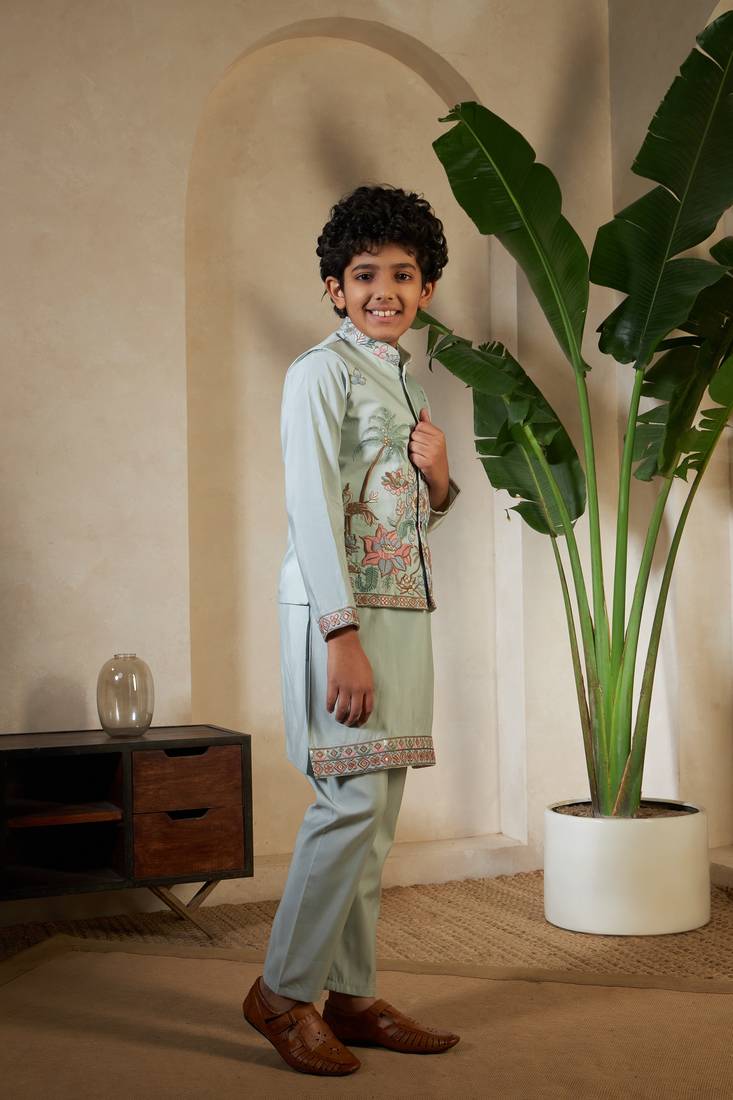 pista green viscose silk thread embroidered boys kurta set with jacket