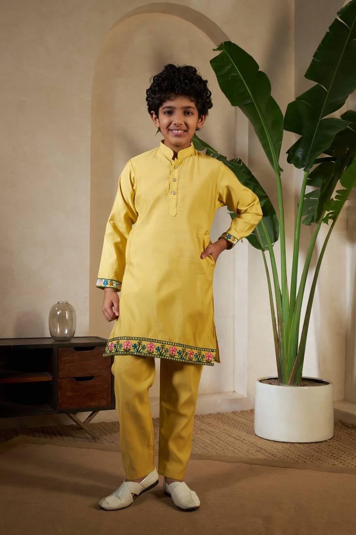 Yellow viscose silk thead with sequins embroidered work wedding function festival party boys straight kurta pant koti