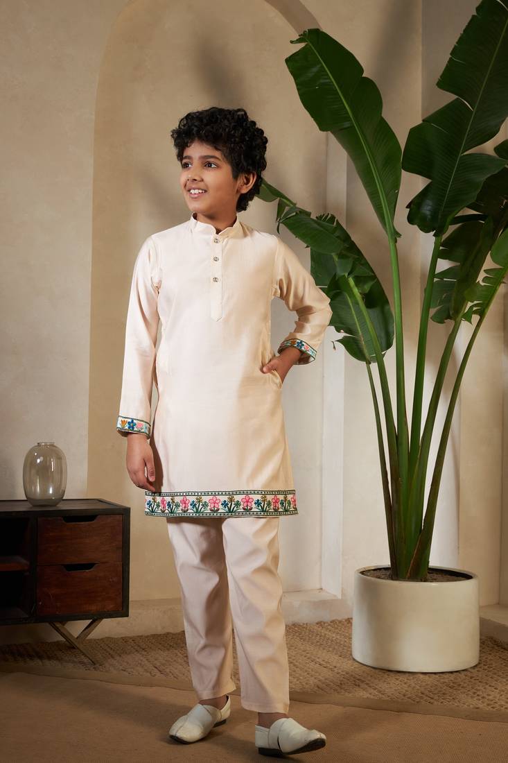 Beige viscose silk thead with sequins embroidered work wedding function festival party boys straight kurta pant koti