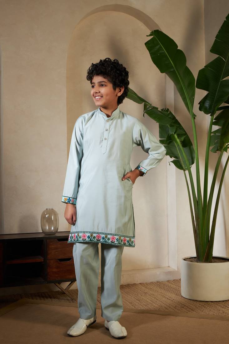 Pista green viscose silk thead with sequins embroidered work wedding festival party boys straight kurta pant koti