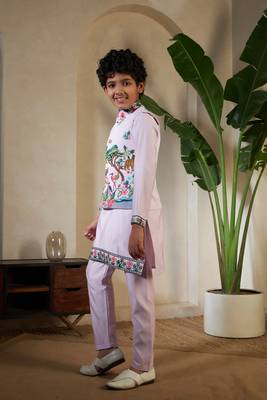 Lavender viscose silk thead with sequins embroidered work wedding function festival party boys straight kurta pant koti 6