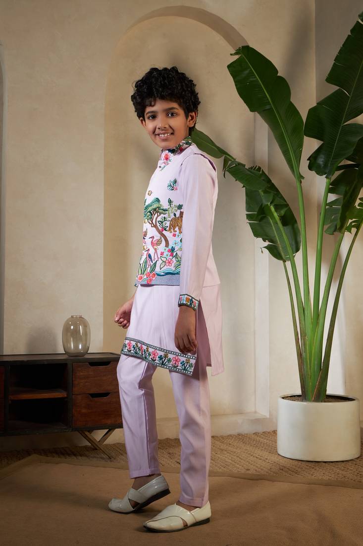 Lavender viscose silk thead with sequins embroidered work wedding function festival party boys straight kurta pant koti