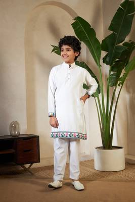 White viscose silk thead with sequins embroidered work wedding function festival party boys straight kurta pant koti 6