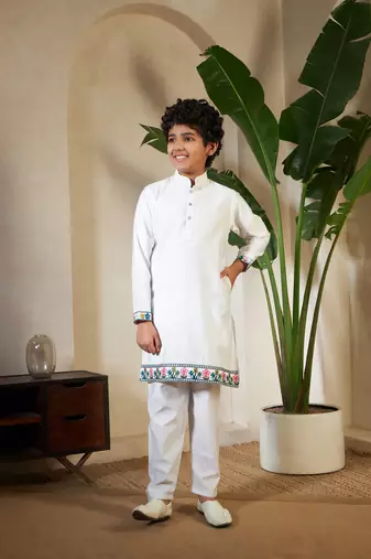 White viscose silk thead with sequins embroidered work wedding function festival party boys straight kurta pant koti