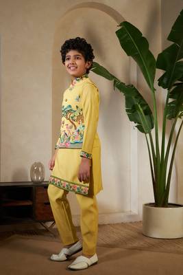 Yellow viscose silk thead with sequins embroidered work wedding function festival party boys straight kurta pant koti 7