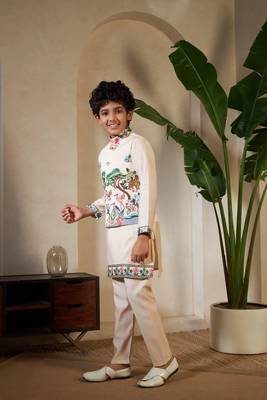 Beige viscose silk thead with sequins embroidered work wedding function festival party boys straight kurta pant koti 7