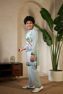 Pista green viscose silk thead with sequins embroidered work wedding festival party boys straight kurta pant koti 7