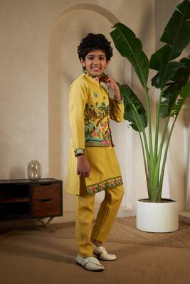 Yellow viscose silk thead with sequins embroidered work wedding function festival party boys straight kurta pant koti 8