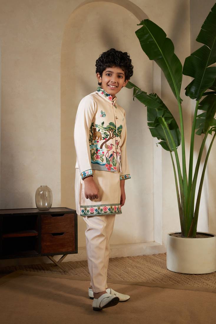 Beige viscose silk thead with sequins embroidered work wedding function festival party boys straight kurta pant koti