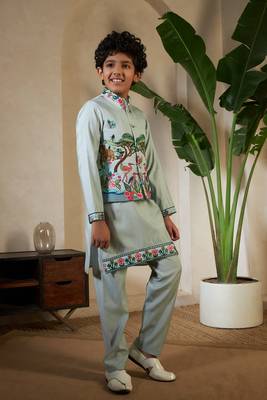 Pista green viscose silk thead with sequins embroidered work wedding festival party boys straight kurta pant koti 8