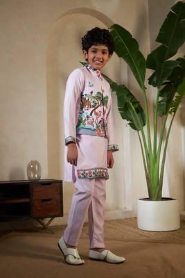Lavender viscose silk thead with sequins embroidered work wedding function festival party boys straight kurta pant koti 7