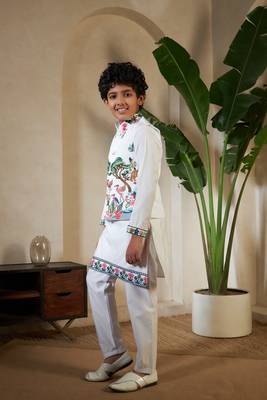 White viscose silk thead with sequins embroidered work wedding function festival party boys straight kurta pant koti 7