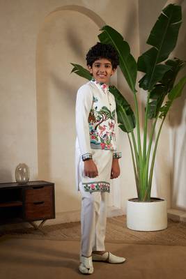 White viscose silk thead with sequins embroidered work wedding function festival party boys straight kurta pant koti 8
