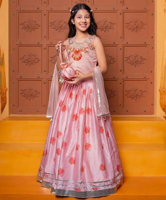 Pink embroidered chanderi silk lehenga set 1