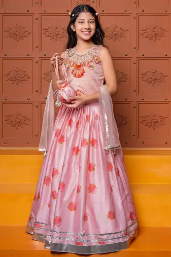 Pink embroidered chanderi silk lehenga set