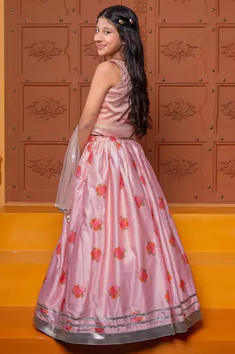 Pink embroidered chanderi silk lehenga set