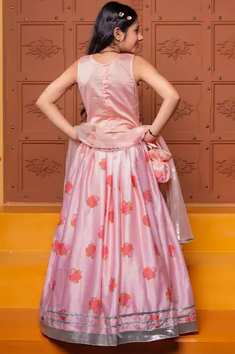 Pink embroidered chanderi silk lehenga set